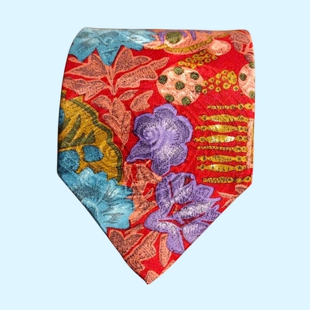 Erreuno Milano Italian Silk Floral Patterned Tie, Red/Blue/Purple/Gold Vintage